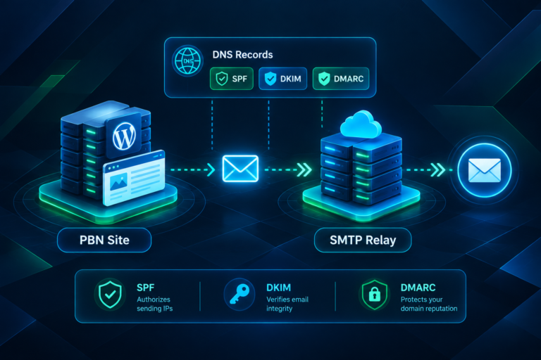SMTP configuration diagram for PBN websites showing DNS authentication records and relay connection