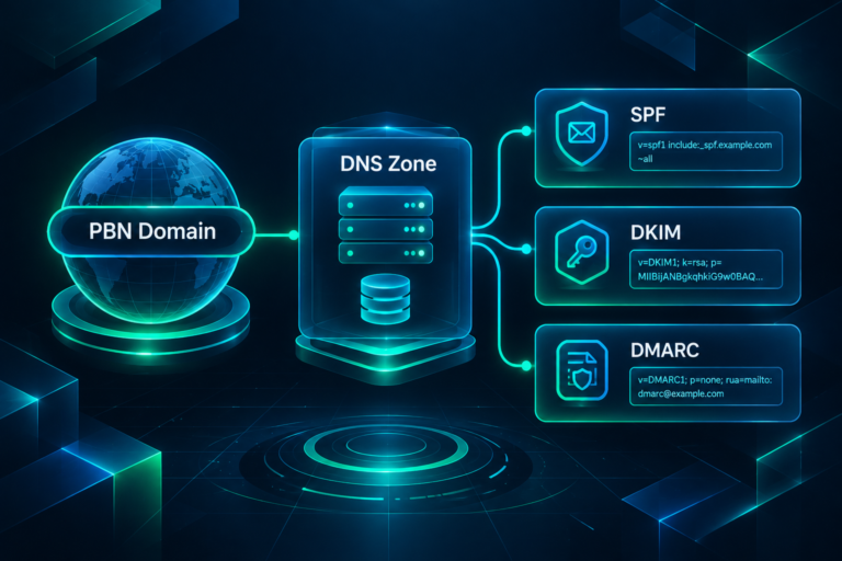 SPF DKIM and DMARC DNS record configuration diagram for a PBN domain