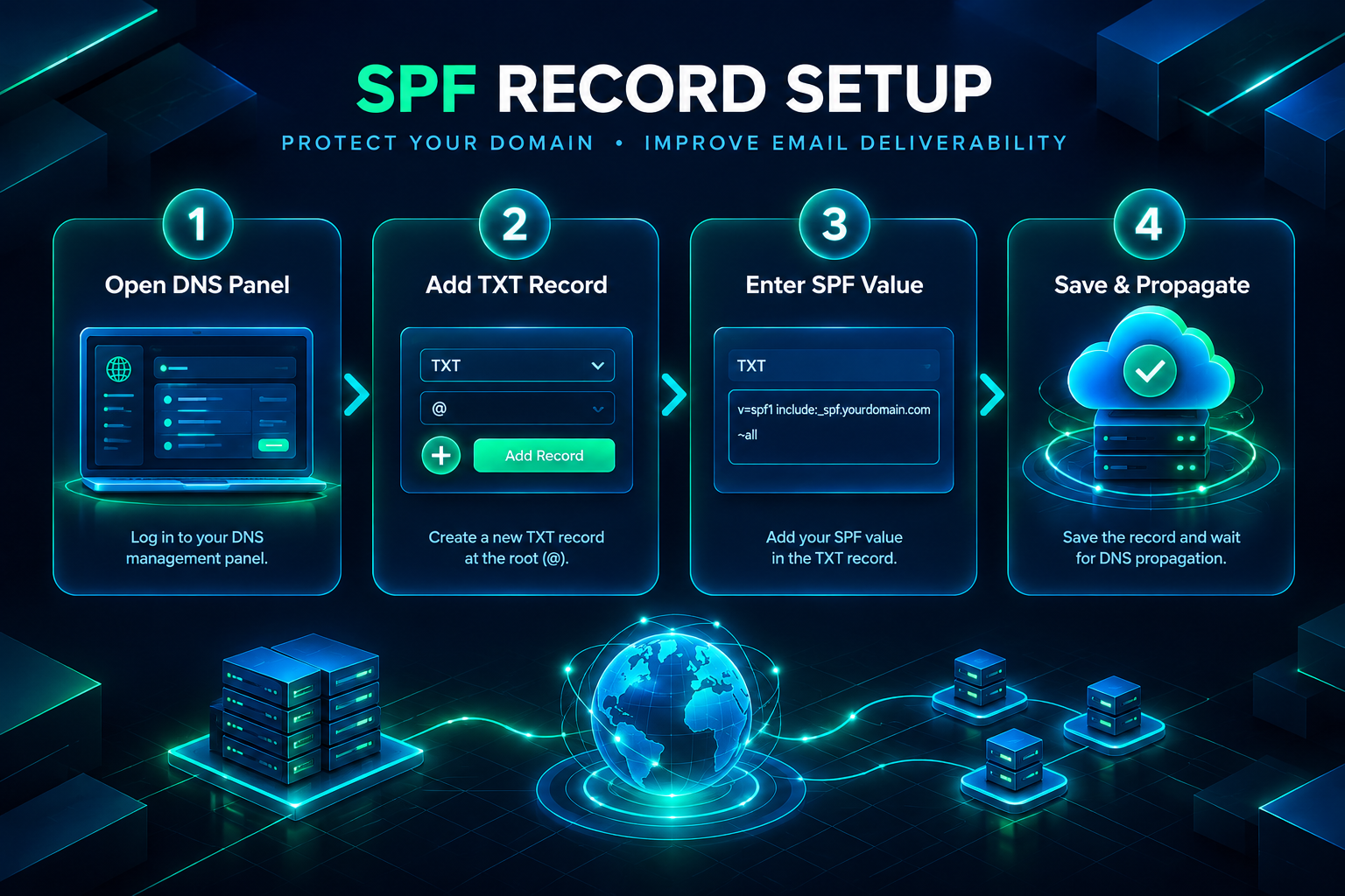 Step-by-step SPF TXT record setup process for a PBN domain in a DNS management panel