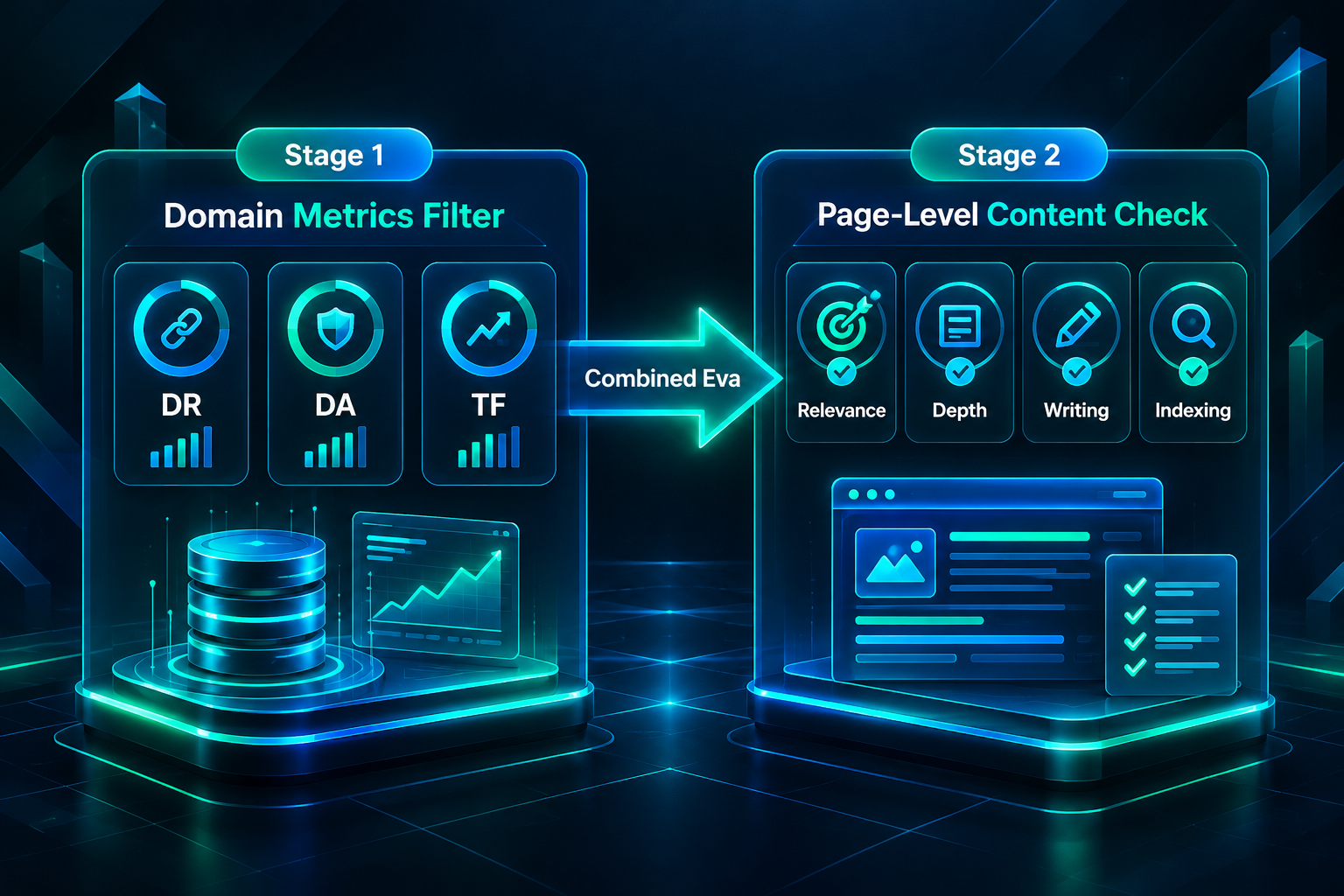 Two-stage PBN placement evaluation combining domain authority metrics and page-level content checks