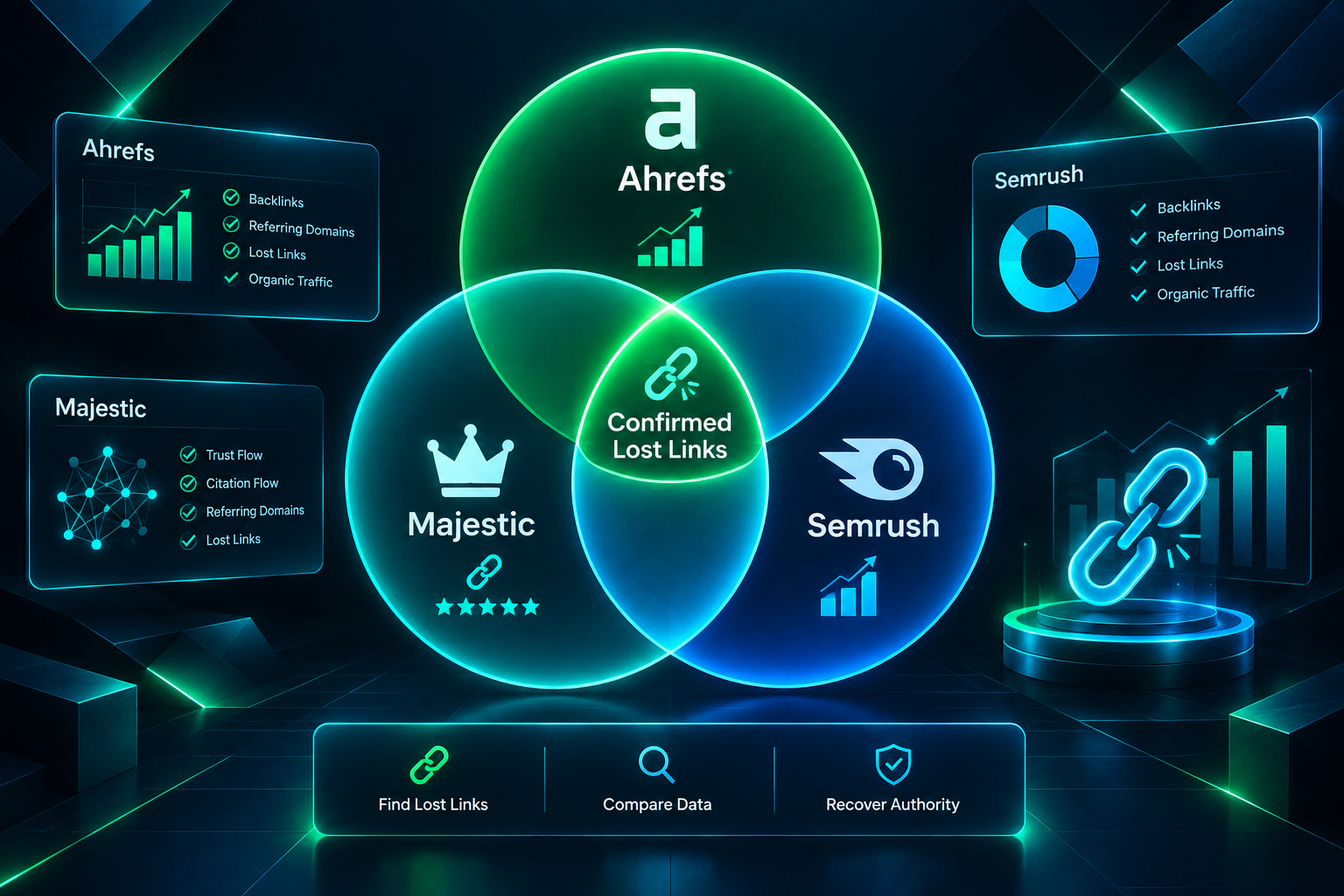 Venn diagram comparing Ahrefs, Majestic, and Semrush backlink tools to identify confirmed lost links