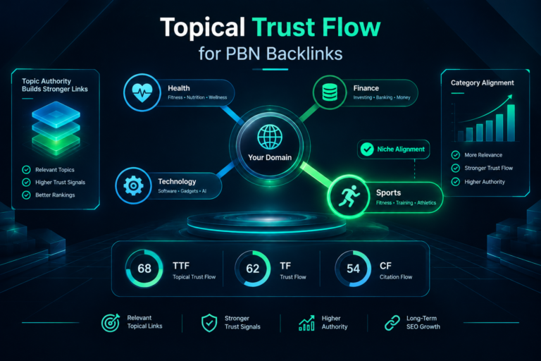 Topical Trust Flow infographic showing domain category alignment for PBN backlink assessment