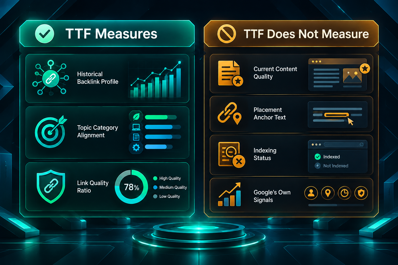 Comparison panel showing what Topical Trust Flow measures versus what it does not cover for PBN