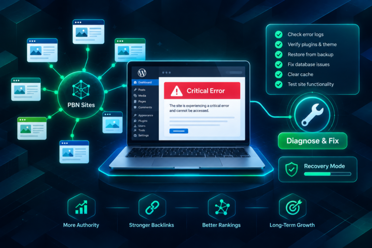 WordPress critical error recovery process for PBN sites illustrated with dashboard and site network