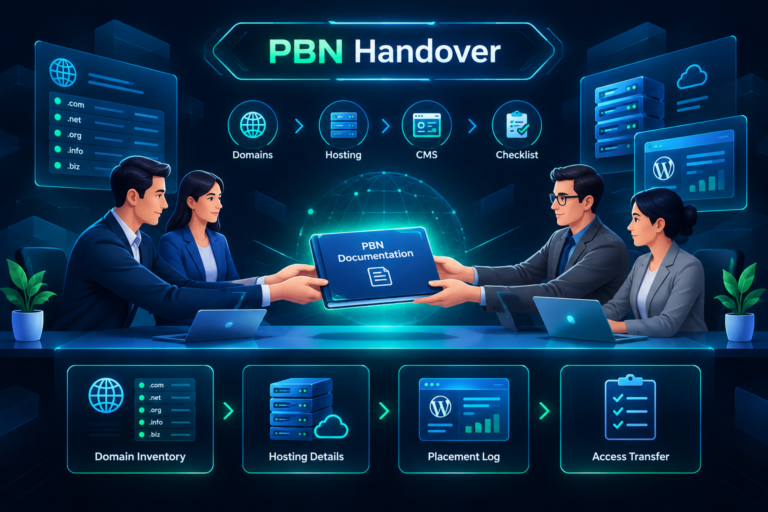 Structured PBN handover process between two SEO agencies with documentation and domain assets